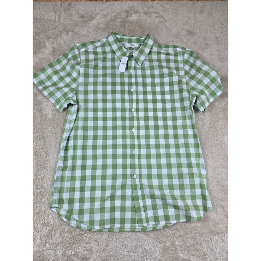 Dip Gingham Check Short Sleeve Button Up Shirt Mens Size L Green White‎ Casual